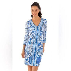 Gretchen Scott Bordertown Dress Size S Hummingbird Heaven Blue White 3/4 Sleeve